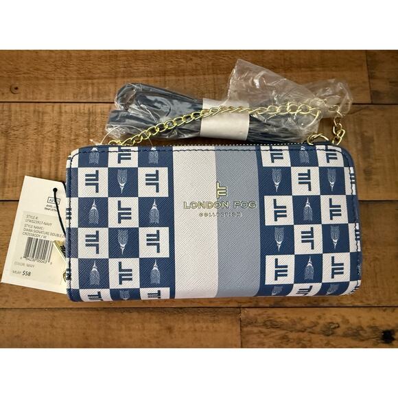 London Fog Crossbody Bag Womens Navy Blue Diana Double Zip Wallet Purse New - Picture 1 of 8